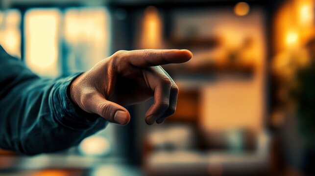 An assertive hand gesture symbolizes engagement and intention in a thoughtfully designed workspace, showcasing the significance of communication in business interactions.