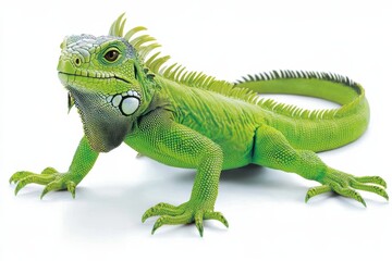Vibrant green iguana on white background displaying its scaled skin