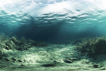 Obraz premium Serene underwater landscape with sandy floor and vegetation.