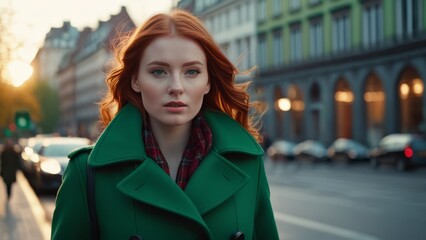 Fototapeta premium red-haired beautiful woman in green coat standing on the street