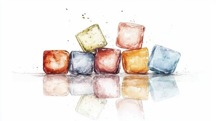 Colorful ice cubes splashing on white background watercolor art