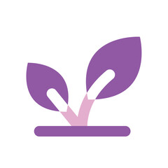 A stylized purple plant sprout emerges from the earth