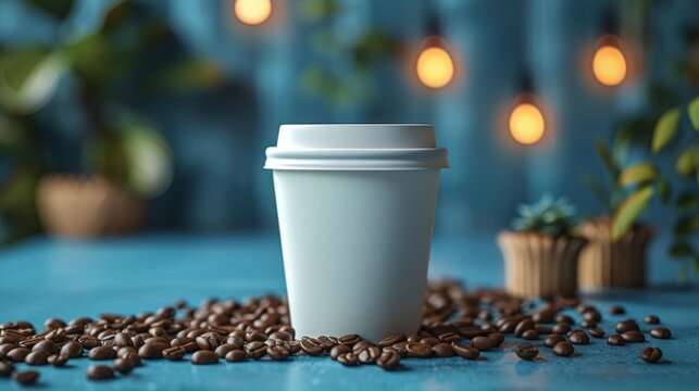 A white coffee cup sits on a table with a pile of coffee beans