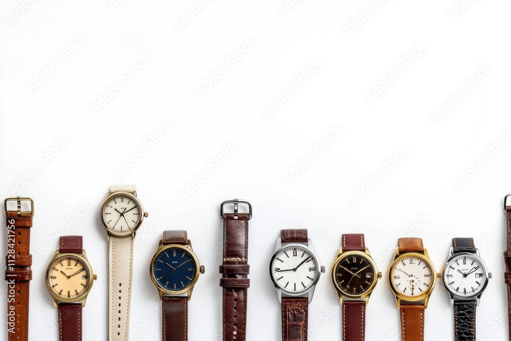 Poster Various wristwatches displayed in a line, highlighting unique styles and colors against a plain background, ideal for custom text additions. Generative AI