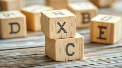 Wooden blocks arranged with letters creating shapes on a rustic wooden surface during a creative activity. Generative AI