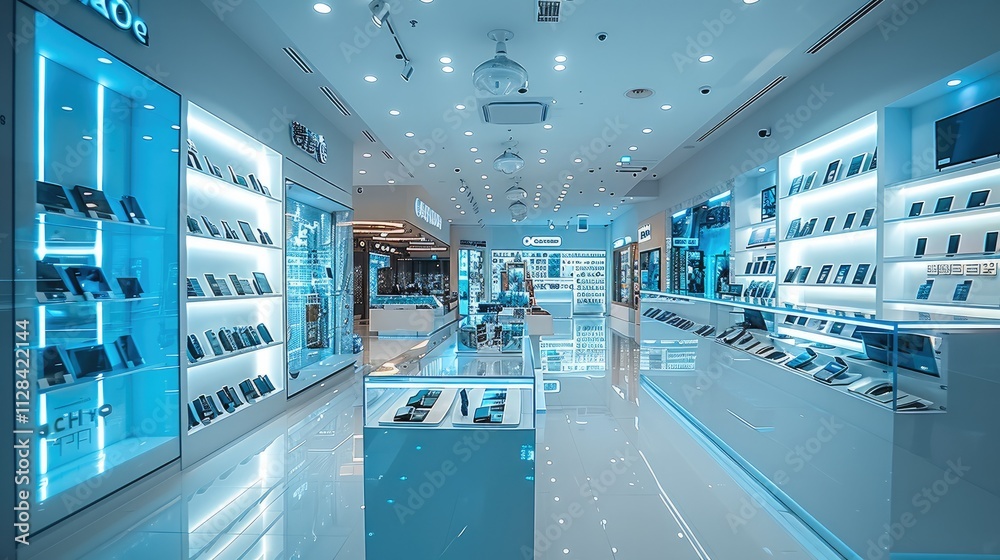 Poster a brightly lit electronics store with a sleek glass display case full of valuable gadgets, a securit