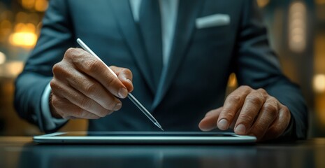 A professional businessman intently writing on a tablet, showcasing focus and dedication in a modern business environment, illustrating productivity and technological reliance.