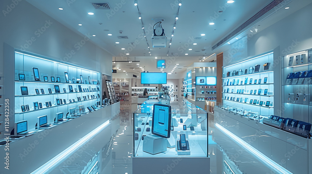 Aufkleber a brightly lit electronics store with a sleek glass display case full of valuable gadgets, a securit
