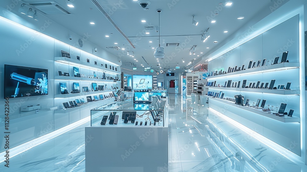 Poster a brightly lit electronics store with a sleek glass display case full of valuable gadgets, a securit