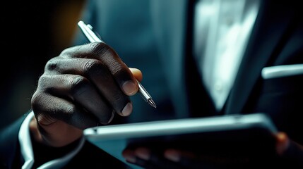 In this close-up image, a stylish professional uses a pen to write on a tablet, symbolizing the blend of tradition and modernity in today's communication methods.