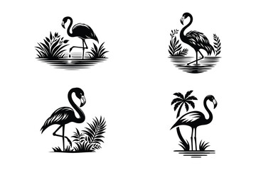 Collection of Flamingo Silhouettes in Various Poses, Vector