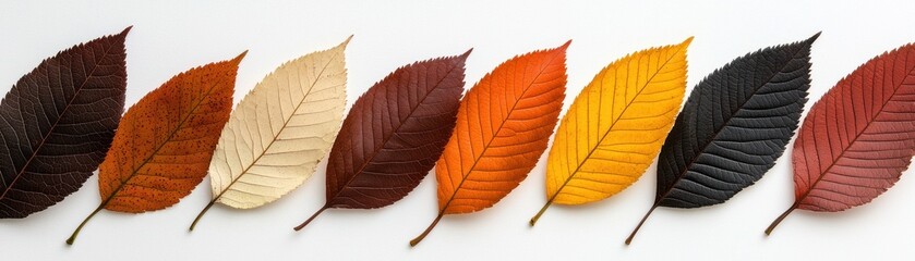 Fototapeta premium A row of colorful autumn leaves showcasing a gradient of hues from brown to yellow, arranged neatly for a decorative display.