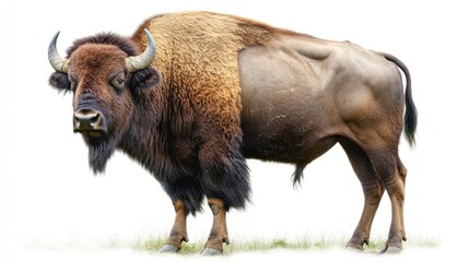Bison standing on grass with a white background