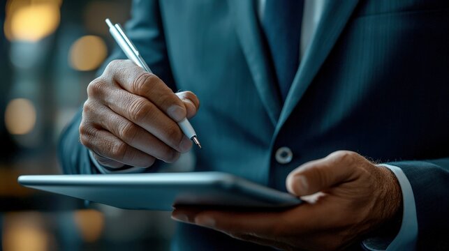 This dynamic image captures a business figure writing on a tablet with a stylus, evoking modern professionalism and the seamless blend of technology in today’s workplace.