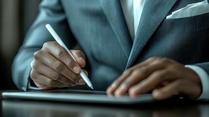 A sophisticated businessman in a stylish suit intently using a tablet with a stylus, emphasizing creativity and technology in a contemporary office environment.