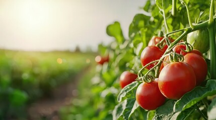Fresh Red Tomatoes Growing on Vines in a Lush Green Field During Golden Hour, Capturing the Essence of Organic Farming and Nature's Bounty