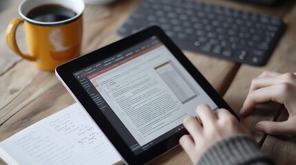 A close-up shot of a tablet screen displaying a coding tutorial, with a student’s hands typing on a keyboard beside it. The workspace includes a notebook and a coffee mug 