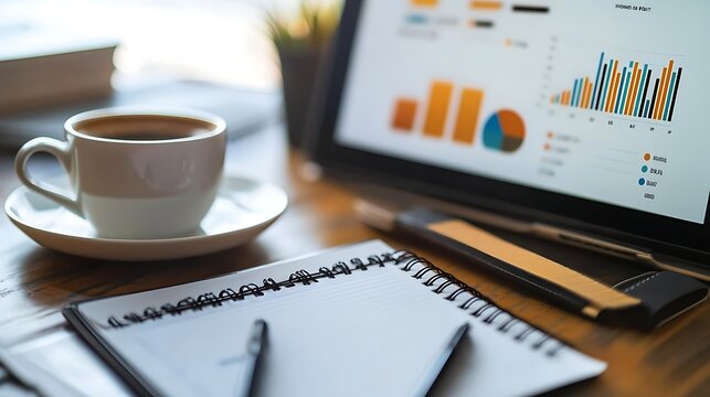 A business professional attending a virtual webinar, with notes taken on a notepad and a cup of coffee beside them. The screen shows a presentation with slides on it 