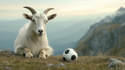 Obraz premium Goat Resting Next to a Soccer Ball in Nature