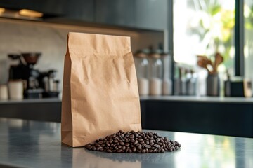 Artisan coffee roasting marble countertop freshly roasted coffee beans in paper bag cozy environment natural light highlighting coffee culture and quality craftsmanship