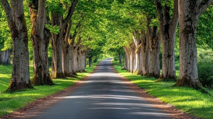 Naklejka premium Serene Countryside Road,Sunlight Dappled Path Through Lush Green Trees