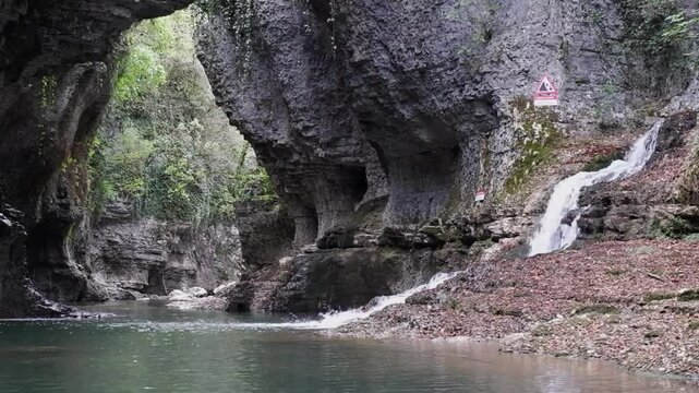 From float trip: Waterfall enters rocky Martvili Canyon in Georgia