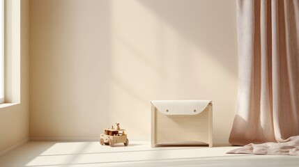 Obraz premium A serene interior scene featuring a wooden toy and a storage box by a sunlit window.