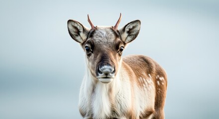 Fototapeta premium Young reindeer with antlers in winter landscape for wildlife and nature themes