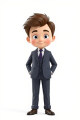 cartoon business man in suit and tie standing with hands in pockets
