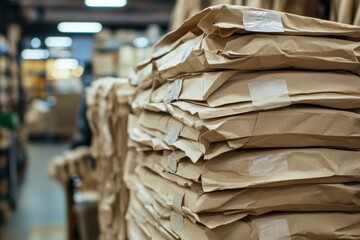 Organized stack of paper bags in a retail warehouse setting showcasing efficient storage and inventory management in a commercial environment highlighting sustainable packaging solutions