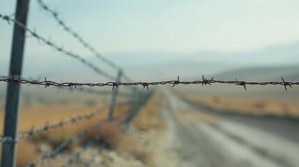 A close-up of barbed wire fencing that surrounds a border gate, with the background showing empty roads or a distant landscape.