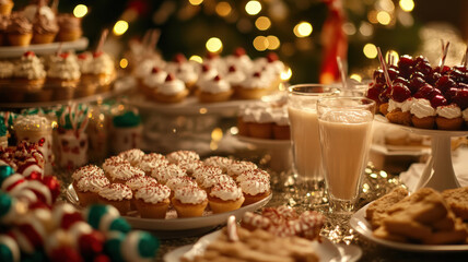 Obraz premium A festive table laden with an array of colorful desserts, including cupcakes, cookies, and drinks, set against a backdrop of warm holiday lights.