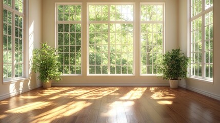 Fototapeta premium Sunlit Room with Large Windows and Greenery