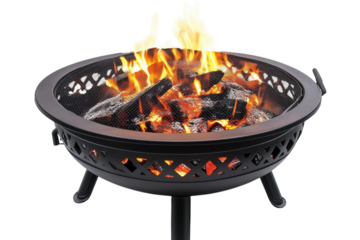 Fire pit with vibrant flames and glowing embers during a cozy outdoor gathering in early evening