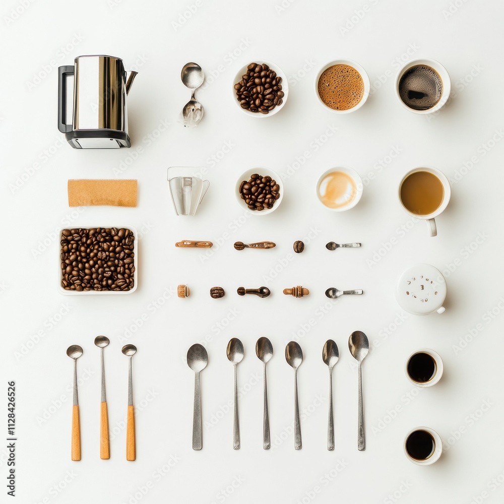 Aufkleber coffee beans, cups, spoons, and a coffee maker are neatly arranged, offering a clean and inviting sp