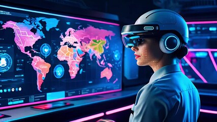 A person wearing a VR headset interacts with a digital world map and data displays. - Powered by Adobe