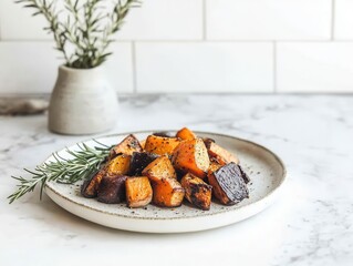 A plate of roasted squash with herbs, showcasing a healthy and appetizing dish.