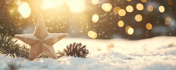 Wooden Star with Pinecone in Snow - Nature-Inspired Holiday Design