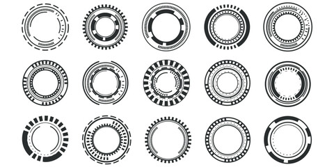 Hud aim pointer optical target, Futuristic focus range indicators, laser crosshair collimator sight. Measurement sniper for sniper gun. Game interface design ui element