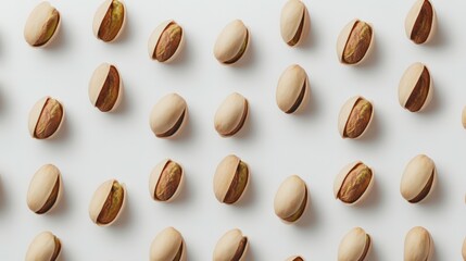 Obraz premium Flat Lay Composition of Naturally Dried Pistachios with Shells Arranged Harmoniously on a Clean White Background for Culinary and Healthy Snack Themes