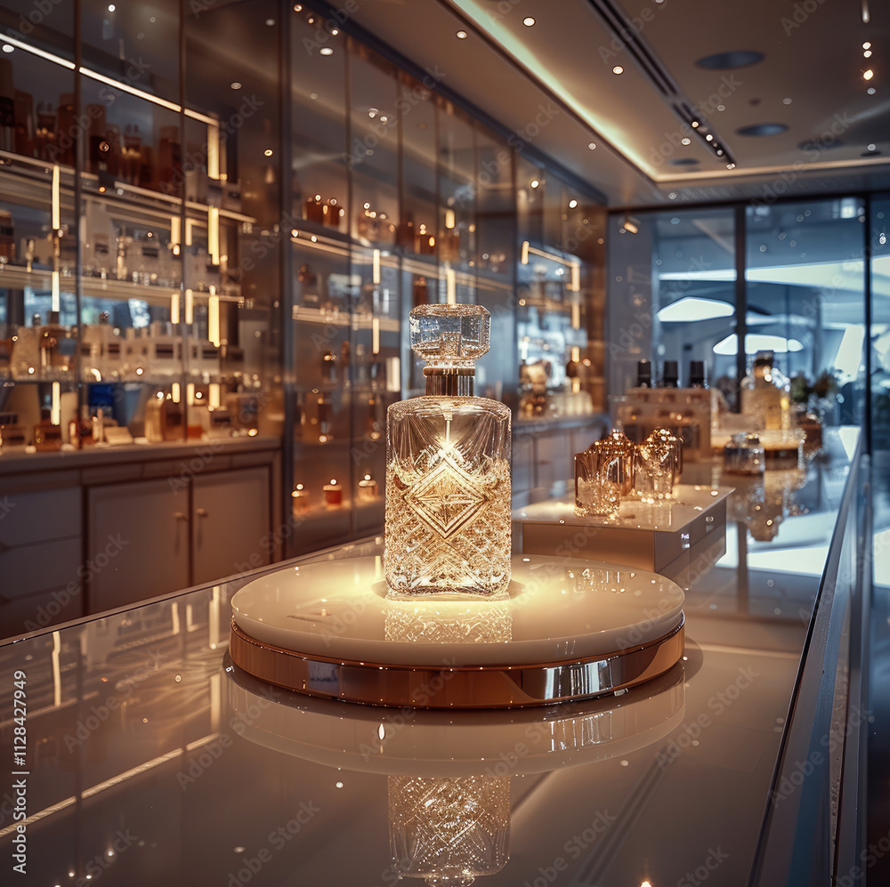 Poster a high-end store display, perfume, focusing on a single luxurious product at the center of a pedesta