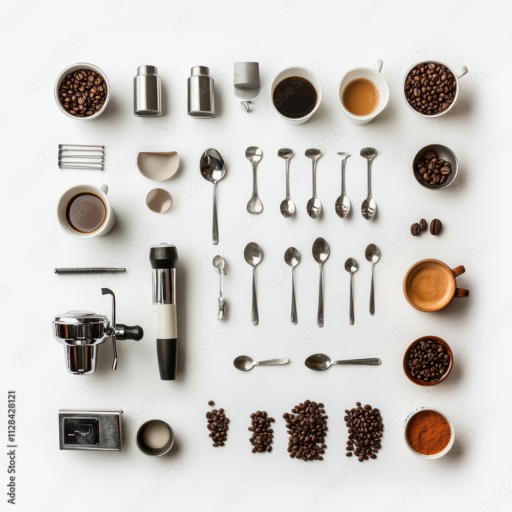 Poster organized display features coffee cups, beans, spoons, and a coffee maker, perfect for showcasing a 