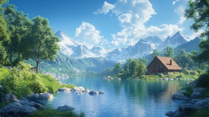 Fototapeta premium Serene Mountain Lake Cabin Escape: