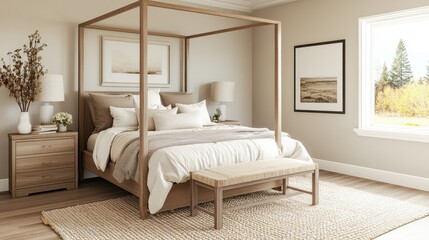 Serene Minimalist Bedroom Design with Wooden Four Poster Bed and Neutral Tones