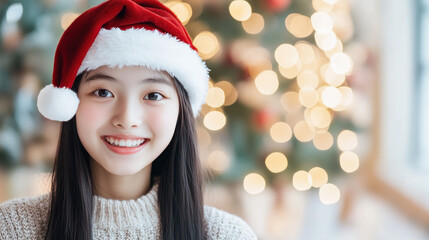 Chinese teenage girl wearing santa hat in front of christmas tree and fireplace