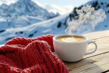 a cup of hot coffee and smoke flying warmed in luxury red scarf on the elegant wooden table isolated on blur snow mountain background 