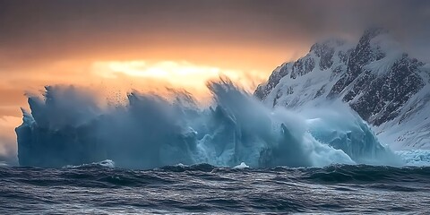 Stunning Ocean Waves Crashing Against Rocky Shore with Snow-Capped Mountains at Sunset