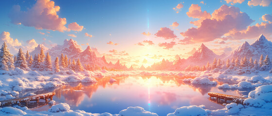 Serene Anime Winter Landscape with Frozen Lake at Sunrise