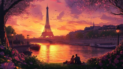 Enjoy a romantic Paris sunset by the Eiffel Tower, with love, colors, and creativity all around.