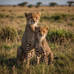 A cheetah cub playing with its sibling in a grassy African field.